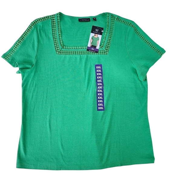 Rafaella Womens XXL Kelly Green Short Sleeve Square Neck Crochet Top Tee NWT $49 - Picture 1 of 8